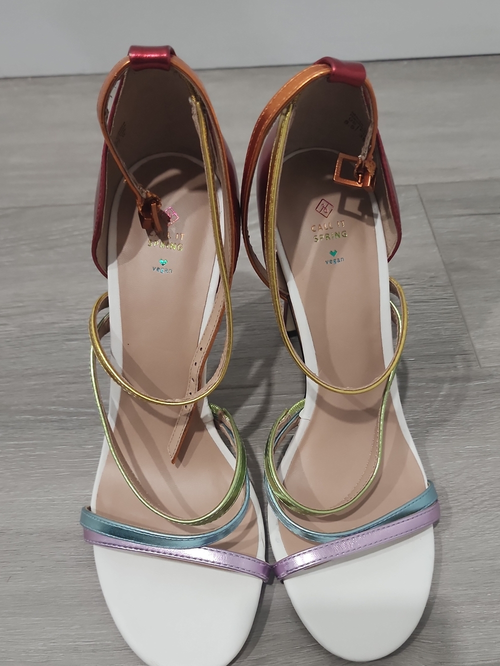 Call It Spring White Sandals with Multicolor Metallic Straps